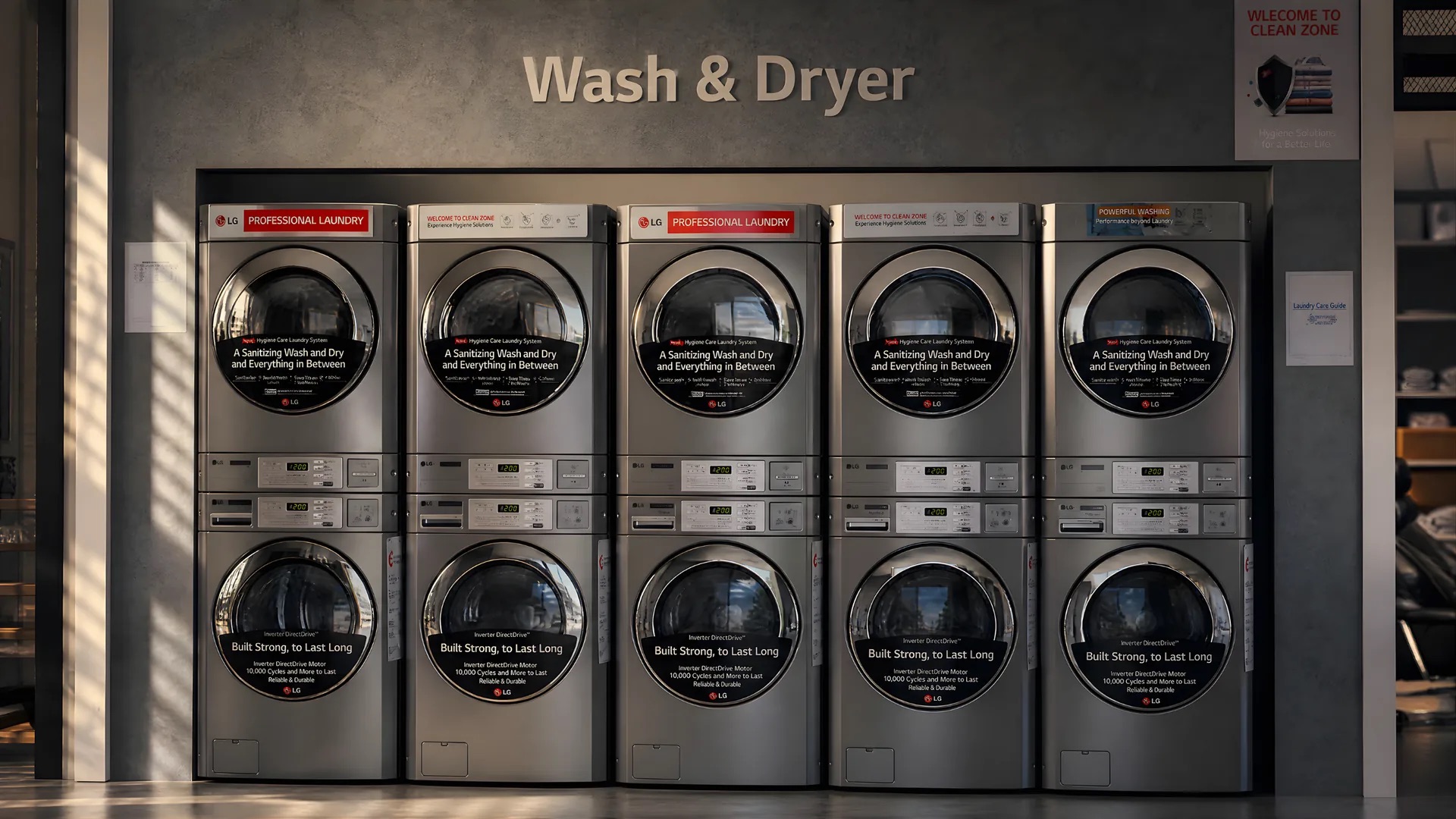 Wall of stacked LG commercial washers and dryers at LG Pick and Drop Laundry